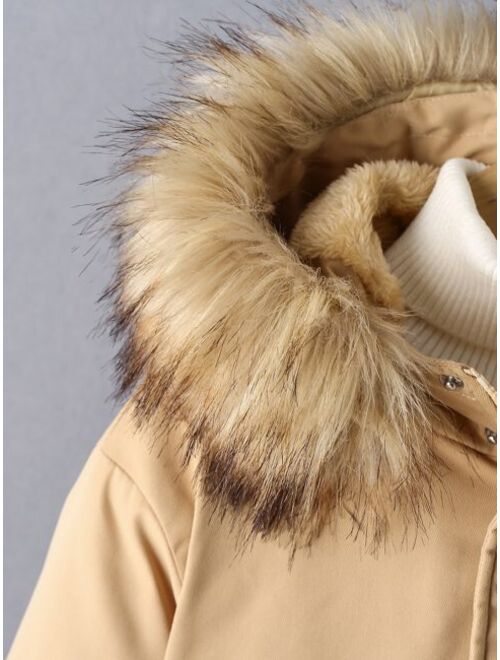 Shein Boys 1pc Flap Pocket Fuzzy Trim Teddy Lined Hooded Winter Coat