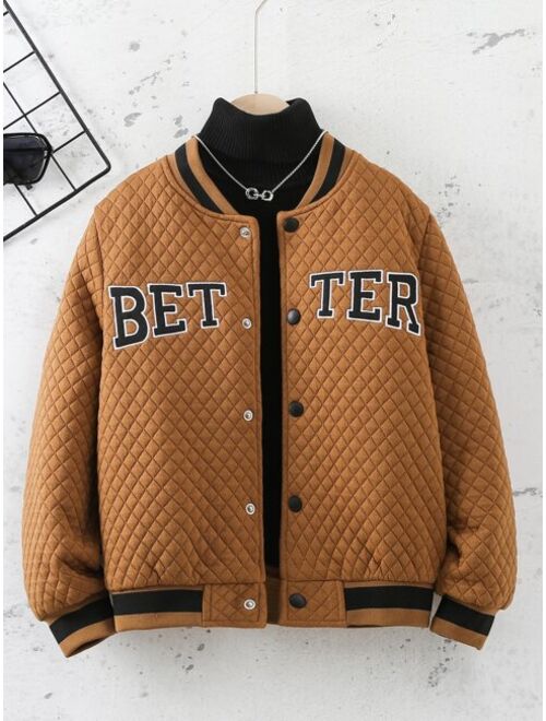 Shein Boys Letter Embroidery Striped Trim Quilted Varsity Jacket Without Sweater