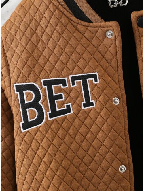 Shein Boys Letter Embroidery Striped Trim Quilted Varsity Jacket Without Sweater