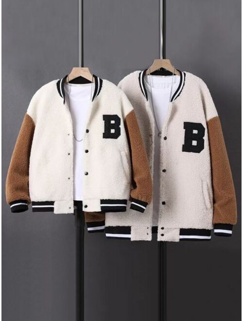 Shein Boys 1pc Letter Patched Striped Trim Drop Shoulder Teddy Varsity Jacket
