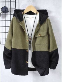 Boys Two Tone Flap Pocket Hooded Corduroy Coat Without Tee