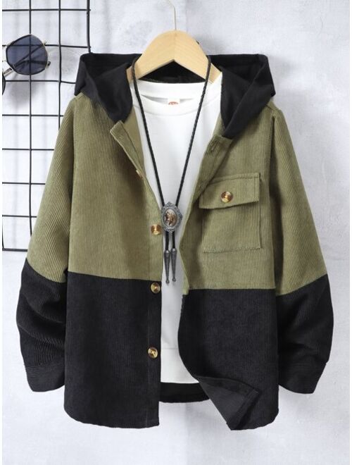 Shein Boys Two Tone Flap Pocket Hooded Corduroy Coat Without Tee