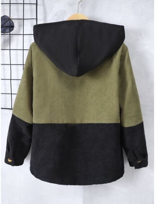 Shein Boys Two Tone Flap Pocket Hooded Corduroy Coat Without Tee