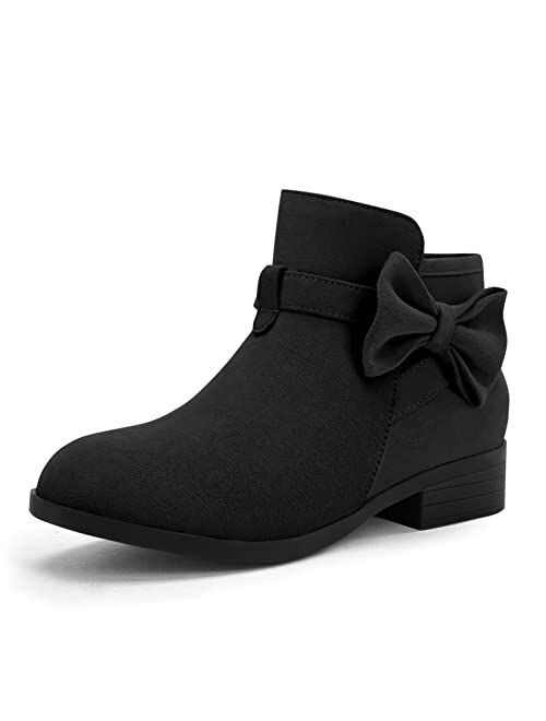 JOYCHEER Girls Ankle Boots Low Stacked Heel Bow Tie Dress Booties Kid Zipper Side Faux Chelsea Shoes