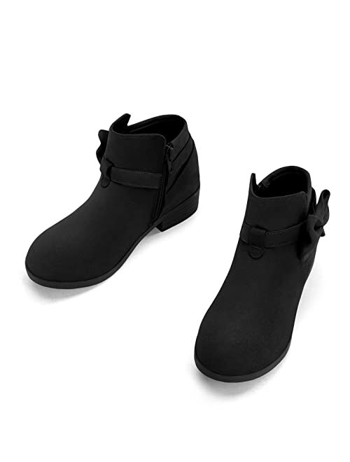 JOYCHEER Girls Ankle Boots Low Stacked Heel Bow Tie Dress Booties Kid Zipper Side Faux Chelsea Shoes