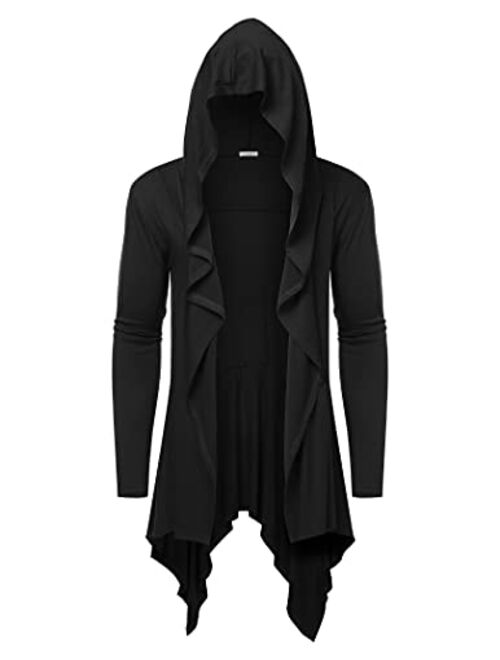 COOFANDY Long Hooded Cardigan Ruffle Shawl Collar Open Front Lightweight Drape Cape Overcoat with Pockets