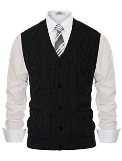 Men's Sweater Vest V-Neck Sleeveless Cable Knitted Cardigan Vest