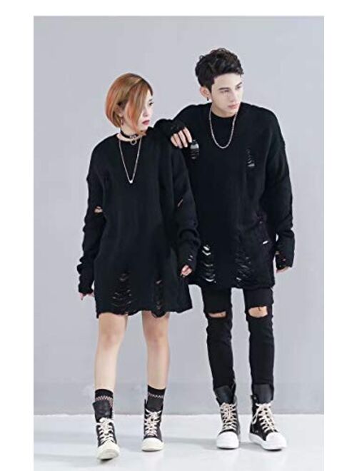 HANGJIA Black Red Striped Sweaters Men Oversized Ripped Hole Knit Pullover Autumn Winter Fashion Long Sleeve Clothing