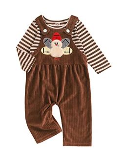 Oklady Toddler Thanksgiving Outfit Boy Turkey Print Suspender Trousers + Striped Tops