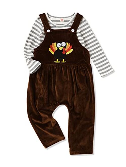 Oklady Toddler Thanksgiving Outfit Boy Turkey Print Suspender Trousers + Striped Tops