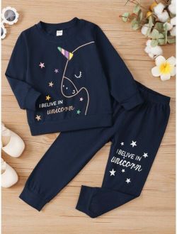Toddler Girls Slogan And Unicorn Print Pullover & Sweatpants