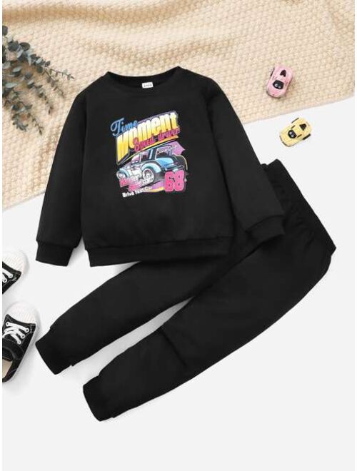 Shein Toddler Girls Car And Letter Graphic Sweatshirt & Sweatpants