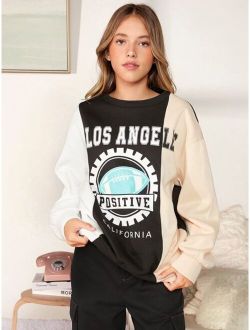 Teen Girls Letter & Graphic Print Colorblock Sweatshirt