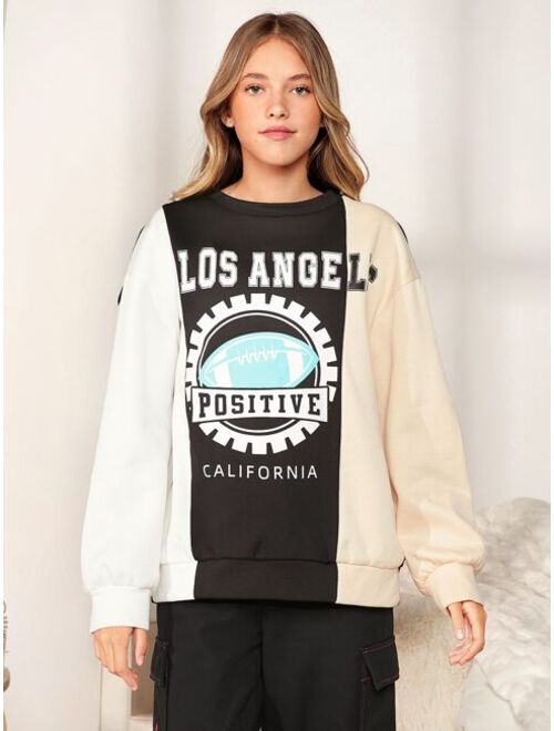 SHEIN Teen Girls Letter & Graphic Print Colorblock Sweatshirt