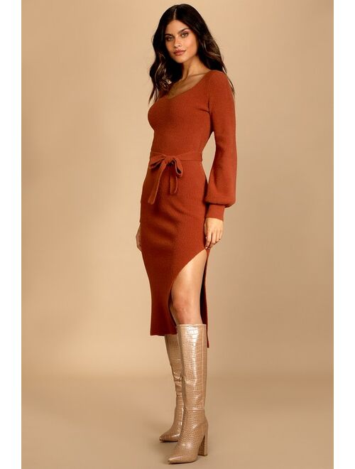 Lulus Windy Days Rust Brown Knit Sweater Dress