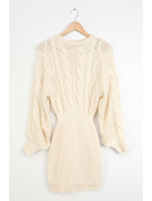 Lulus Hope You Know Cream Cable Knit Long Sleeve Mini Sweater Dress