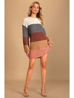 Colors of Autumn Beige Multi Striped Chenille Knit Sweater Dress