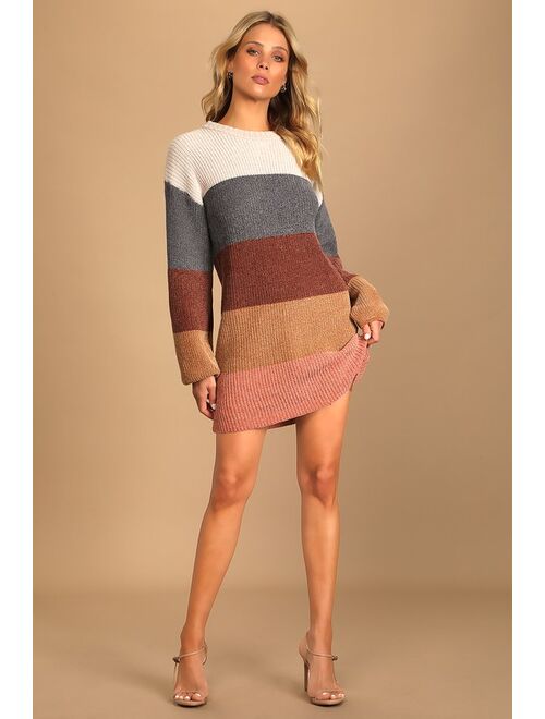 Lulus Colors of Autumn Beige Multi Striped Chenille Knit Sweater Dress