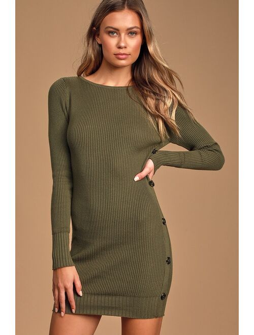 Lulus Snowed In Olive Green Side-Button Sweater Dress