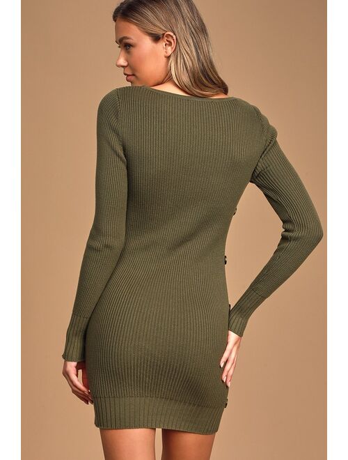 Lulus Snowed In Olive Green Side-Button Sweater Dress