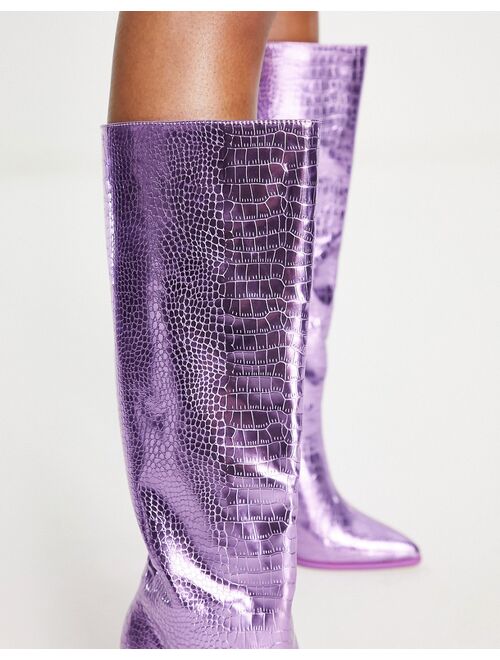 Public Desire Exclusive Posie heeled knee boots in metallic purple croc