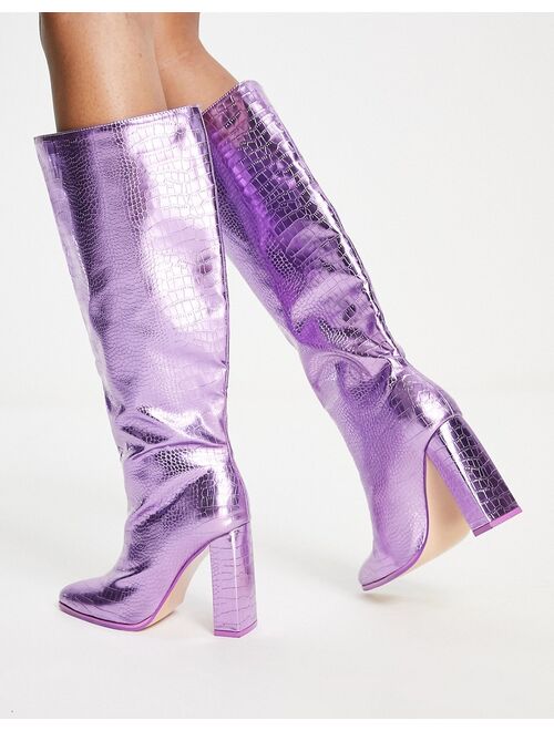 Public Desire Exclusive Posie heeled knee boots in metallic purple croc
