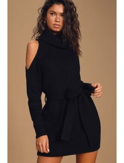 Sweet Demeanor Black Turtleneck Cold-Shoulder Sweater Dress