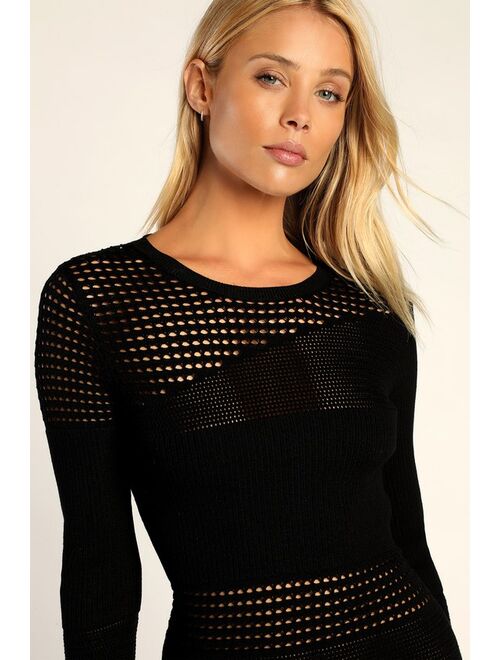 Lulus Sheer Expressions Black Long Sleeve Knit Bodycon Mini Dress