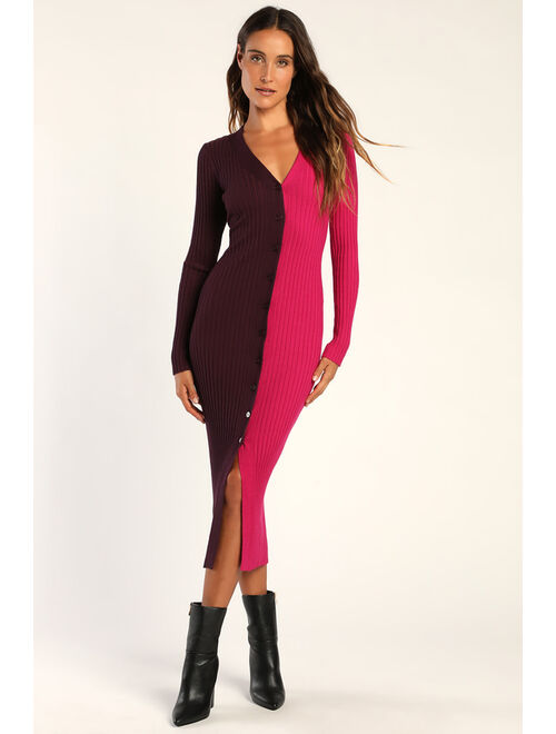 Lulus Charming Combo Pink and Purple Ribbed Button-Front Sweater Dress