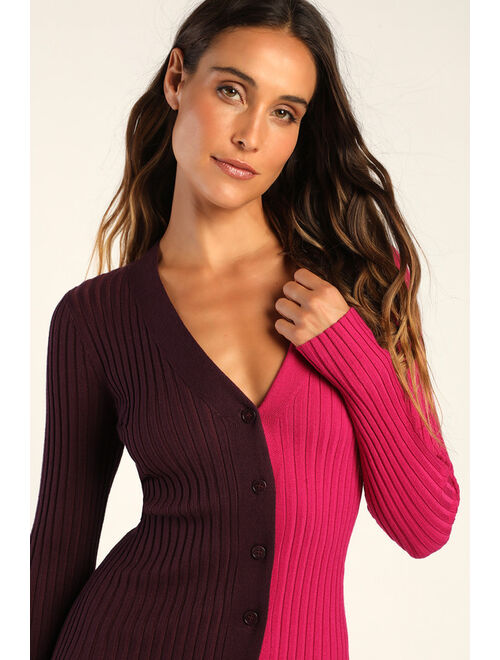 Lulus Charming Combo Pink and Purple Ribbed Button-Front Sweater Dress