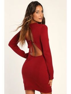 Count On Cozy Wine Red Long Sleeve Backless Mini Sweater Dress