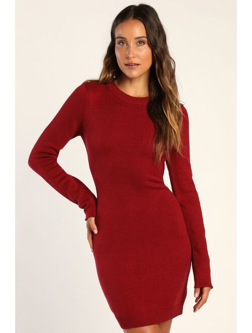 Lulus Count On Cozy Wine Red Long Sleeve Backless Mini Sweater Dress
