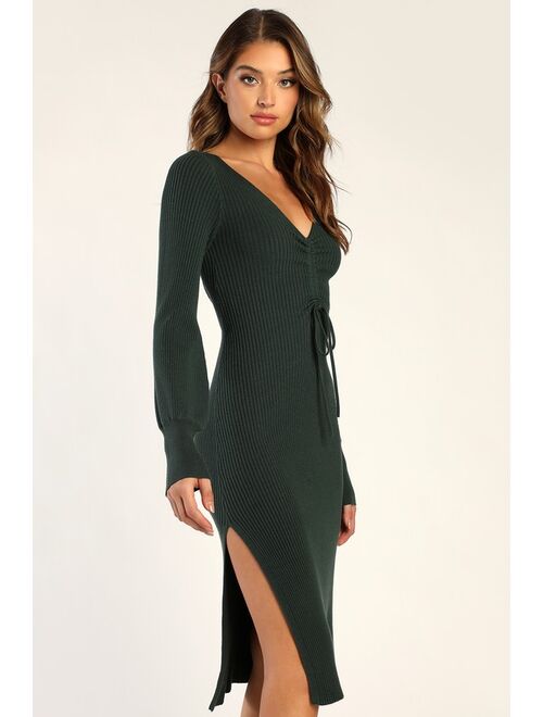 Lulus Cozy Upgrade Emerald Green Ribbed Ruched Sweater Midi Dress