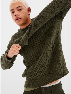 Cable-Knit Textured Crew Neck Long Sleeve Pullover Sweater