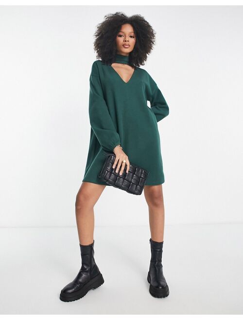 ASOS DESIGN Supersoft choker detail long sleeve mini sweater dress in green
