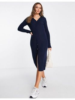 knit midi dress with snap front in navy