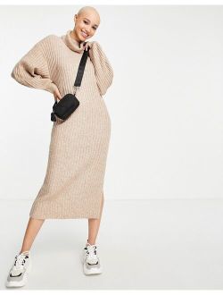 ribbed midi dress with cowl neck in taupe