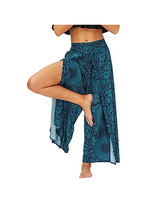 Lu's Chic Women's Boho Pants Wide Leg Gaucho Harem Yoga Flowy Bohemian Indian Side Split Palazzo