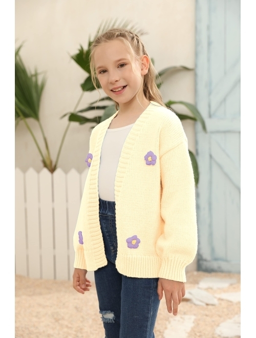 Simtuor Girls Open Front Cardigan Kids Knitted Tops Sweater Lantern Sleeve with White Flower Solid Outwear Coats 4-13 Years