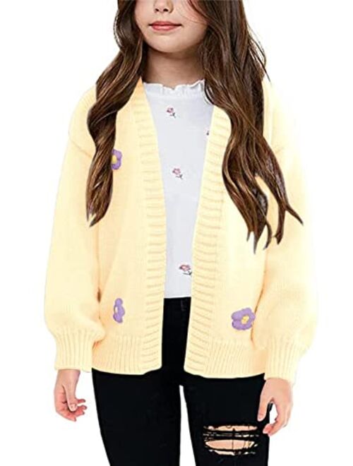 Simtuor Girls Open Front Cardigan Kids Knitted Tops Sweater Lantern Sleeve with White Flower Solid Outwear Coats 4-13 Years