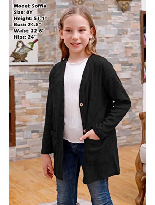 GORLYA Girls School Uniform V-Neck Button Down Soft Knit Thin Sweater Cardigan Tops with Pocket for 4-14T