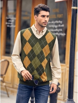 Hestenve Mens Argyle Sweater Vest V Neck Sleeveless Silm Fit Knitwear Pullover Knitted Rib Knit Tops