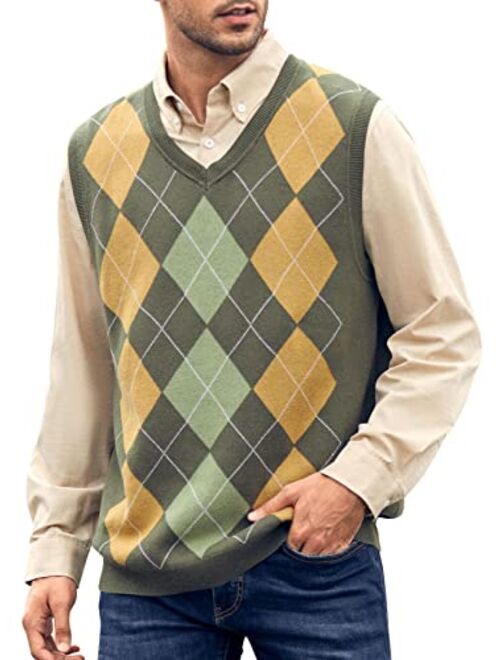 Hestenve Mens Argyle Sweater Vest V Neck Sleeveless Silm Fit Knitwear Pullover Knitted Rib Knit Tops