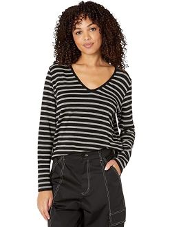 Majestic Filatures French Terry Stripe Semi Relaxed Long Sleeve V-Neck