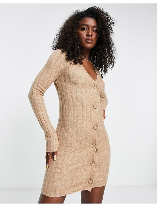 ASOS DESIGN knitted mini dress with button through detail in taupe