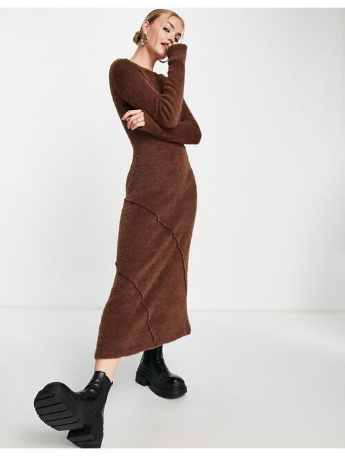 Topshop fluffy aysmmetric midi dress with open back in chocolate
