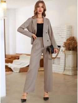 Striped Print Double Breasted Belted Blazer With Tailored Pants