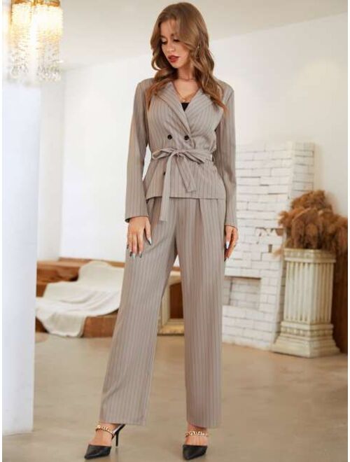 Shein Striped Print Double Breasted Belted Blazer With Tailored Pants