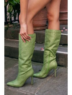 My Crush Green Rhinestone Pointed-Toe Knee-High Boots