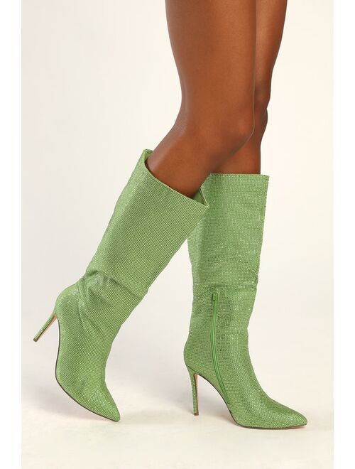 Lulus My Crush Green Rhinestone Pointed-Toe Knee-High Boots